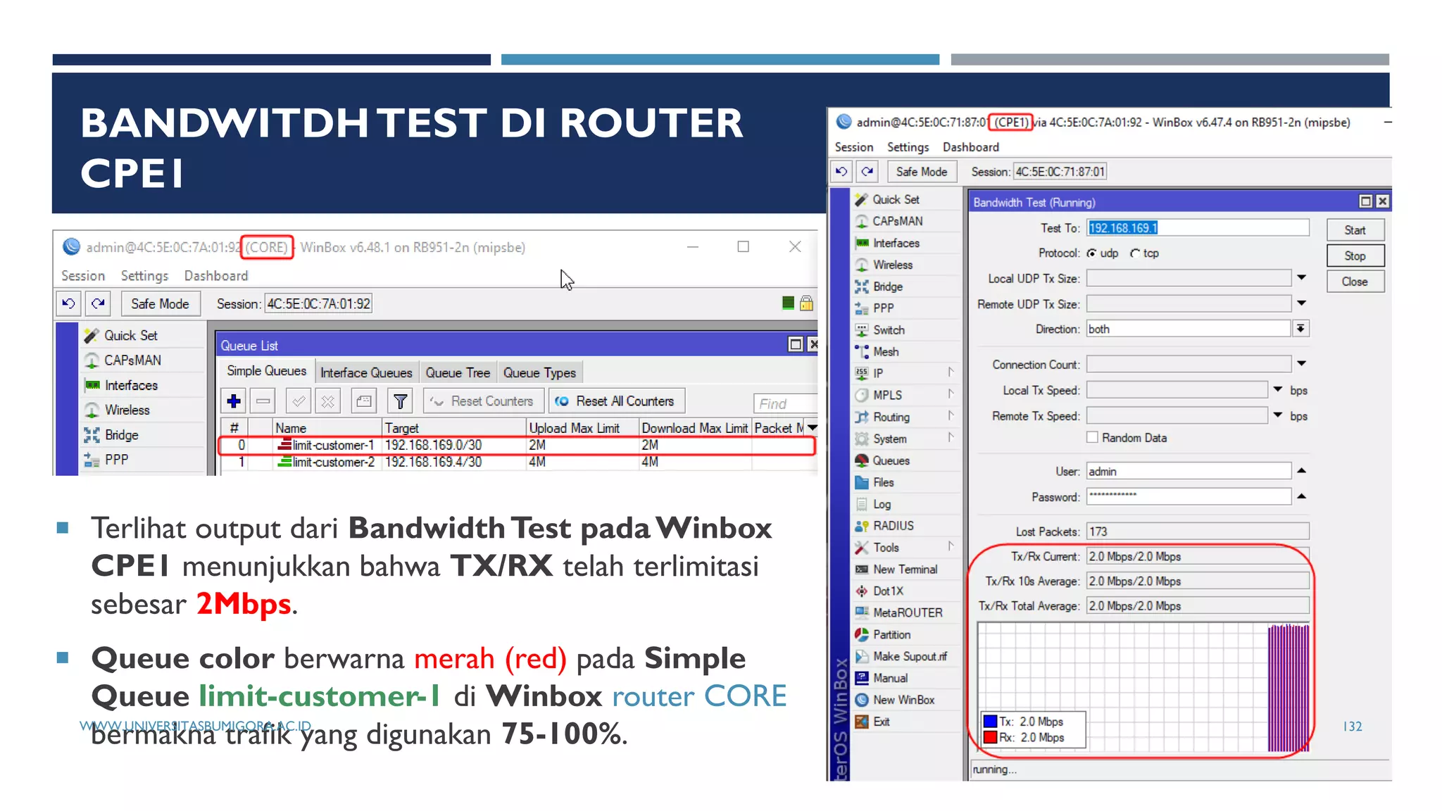 BANDWITDHTEST DI ROUTER
CPE1
 Terlihat output dari BandwidthTest padaWinbox
CPE1 menunjukkan bahwa TX/RX telah terlimitasi
sebesar 2Mbps.
 Queue color berwarna merah (red) pada Simple
Queue limit-customer-1 di Winbox router CORE
bermakna trafik yang digunakan 75-100%.
WWW.UNIVERSITASBUMIGORA.AC.ID 132
 