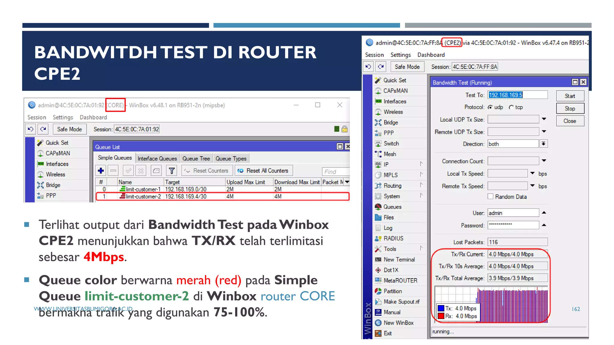 BANDWITDHTEST DI ROUTER
CPE2
 Terlihat output dari BandwidthTest padaWinbox
CPE2 menunjukkan bahwa TX/RX telah terlimitasi
sebesar 4Mbps.
 Queue color berwarna merah (red) pada Simple
Queue limit-customer-2 di Winbox router CORE
bermakna trafik yang digunakan 75-100%.
WWW.UNIVERSITASBUMIGORA.AC.ID 162
 