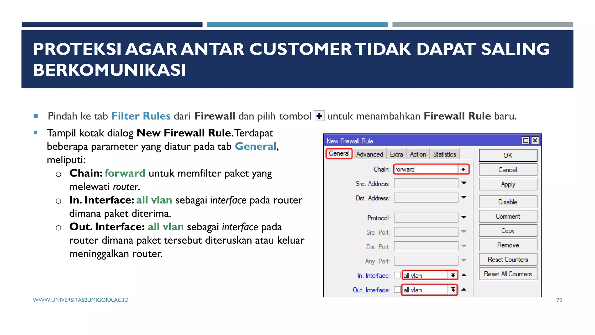 PROTEKSI AGAR ANTAR CUSTOMERTIDAK DAPAT SALING
BERKOMUNIKASI
 Pindah ke tab Filter Rules dari Firewall dan pilih tombol untuk menambahkan Firewall Rule baru.
 Tampil kotak dialog New Firewall Rule.Terdapat
beberapa parameter yang diatur pada tab General,
meliputi:
o Chain: forward untuk memfilter paket yang
melewati router.
o In. Interface: all vlan sebagai interface pada router
dimana paket diterima.
o Out. Interface: all vlan sebagai interface pada
router dimana paket tersebut diteruskan atau keluar
meninggalkan router.
WWW.UNIVERSITASBUMIGORA.AC.ID 72
 