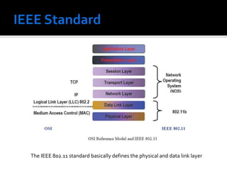 IEEE StandardThe IEEE 802.11 standard basically defines the physical and data link layer 