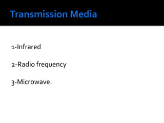 Transmission Media1-Infrared2-Radio frequency 3-Microwave. 