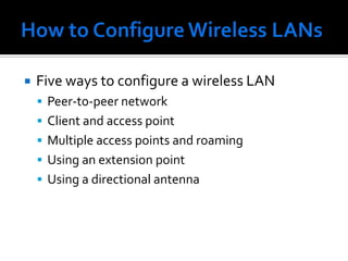 How to Configure Wireless LANsFive ways to configure a wireless LANPeer-to-peer networkClient and access pointMultiple access points and roamingUsing an extension pointUsing a directional antenna