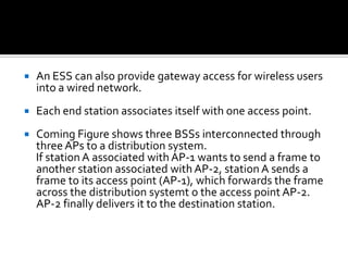 An ESS can also provide gateway access for wireless users into a wired network. Each end station associates itself with one access point. Coming Figure shows three BSSs interconnected through three APs to a distribution system.     If station A associated with AP-1 wants to send a frame to another station associated with AP-2, station A sends a frame to its access point (AP-1), which forwards the frame across the distribution systemt o the access point AP-2. AP-2 finally delivers it to the destination station. 