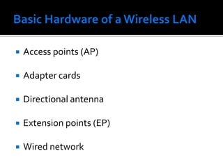 Basic Hardware of a Wireless LANAccess points (AP)Adapter cardsDirectional antennaExtension points (EP)Wired network