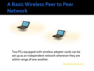 A Basic Wireless Peer to Peer NetworkTwo PCs equipped with wireless adapter cards can be set up as an independent network whenever they are within range of one another.http://www.proxim.com