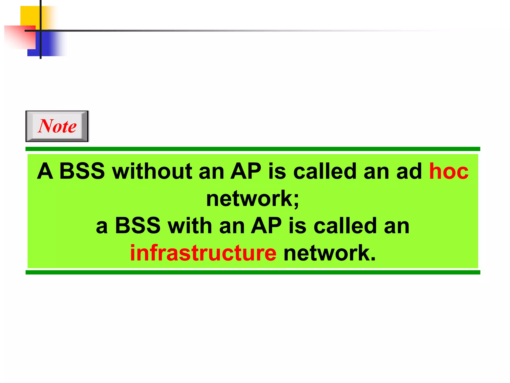 A BSS without an AP is called an ad hoc
network;
a BSS with an AP is called an
infrastructure network.
Note
 