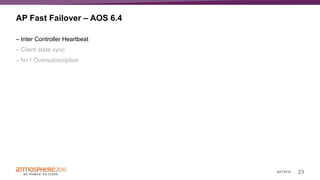 23#ATM16
AP Fast Failover – AOS 6.4
– Inter Controller Heartbeat
– Client state sync
– N+1 Oversubscription
 