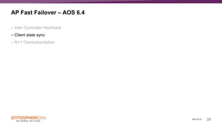 29#ATM16
AP Fast Failover – AOS 6.4
– Inter Controller Heartbeat
– Client state sync
– N+1 Oversubscription
 
