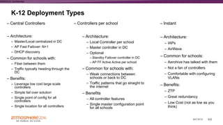 44#ATM16
K-12 Deployment Types
– Central Controllers
– Architecture:
– Master/Local centralized in DC
– AP Fast Failover: N+1
– DHCP discovery
– Common for schools with:
– Fiber between them
– Traffic typically heading through the
DC
– Benefits:
– Leverage low cost large scale
controllers
– Simple fail over solution
– Single point of config for all
controllers
– Single location for all controllers
– Controllers per school
– Architecture:
– Local Controller per school
– Master controller in DC
– Optional
– Standby Failover controller in DC
– AP FF Active Active per school
– Common for schools with:
– Weak connections between
schools or back to DC
– Traffic patterns that go straight to
the internet
– Benefits
– All controller features
– Single master configuration point
for all schools
– Instant
– Architecture:
– IAPs
– AirWave
– Common for schools:
– Aerohive has talked with them
– Not a fan of controllers
– Comfortable with configuring
VLANs
– Benefits:
– ZTP
– Great redundancy
– Low Cost (not as low as you
think)
WWAS16 | Confidential
 