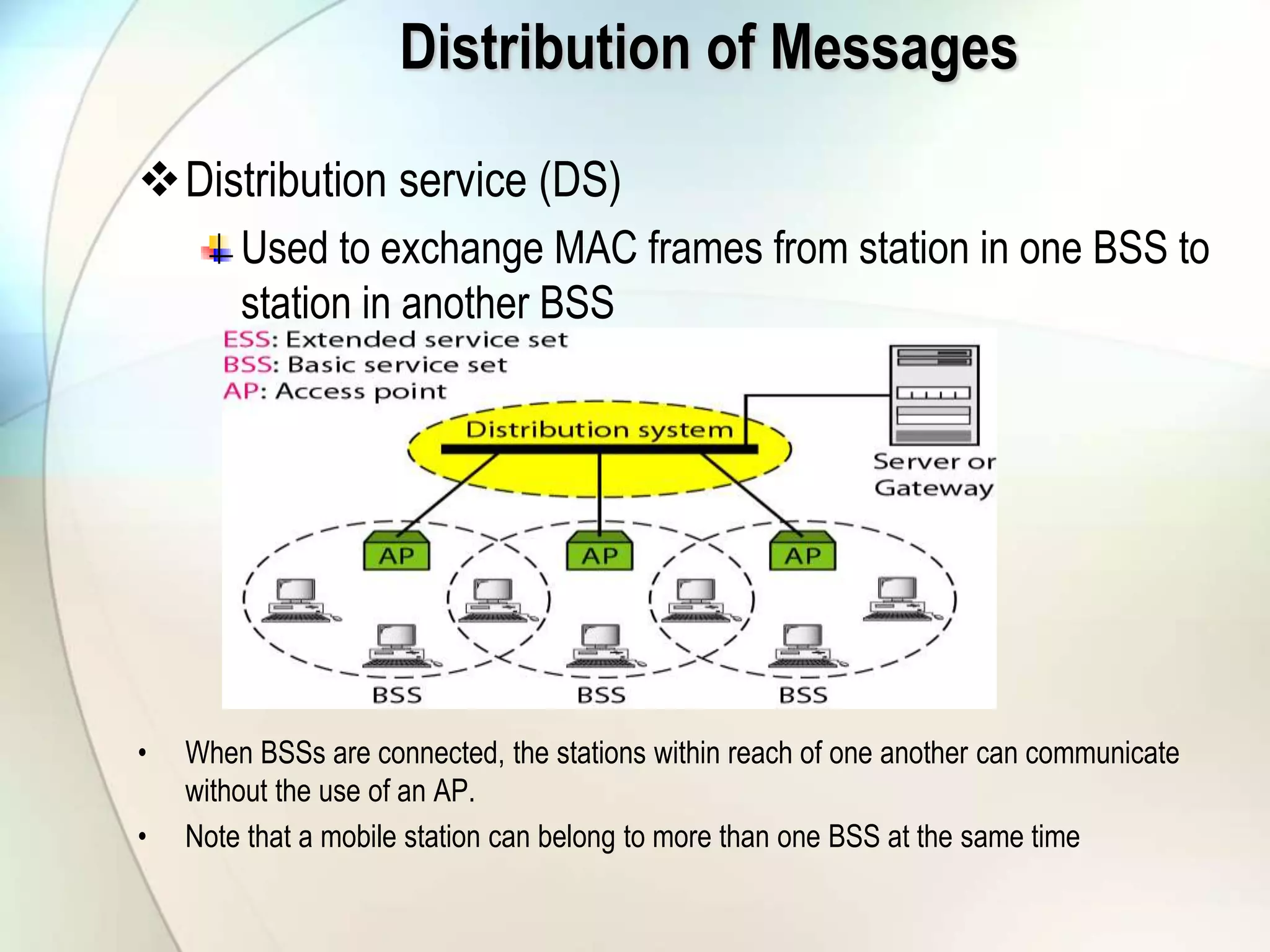 Distribution of Messages
Distribution service (DS)
Used to exchange MAC frames from station in one BSS to
station in another BSS
• When BSSs are connected, the stations within reach of one another can communicate
without the use of an AP.
• Note that a mobile station can belong to more than one BSS at the same time
 