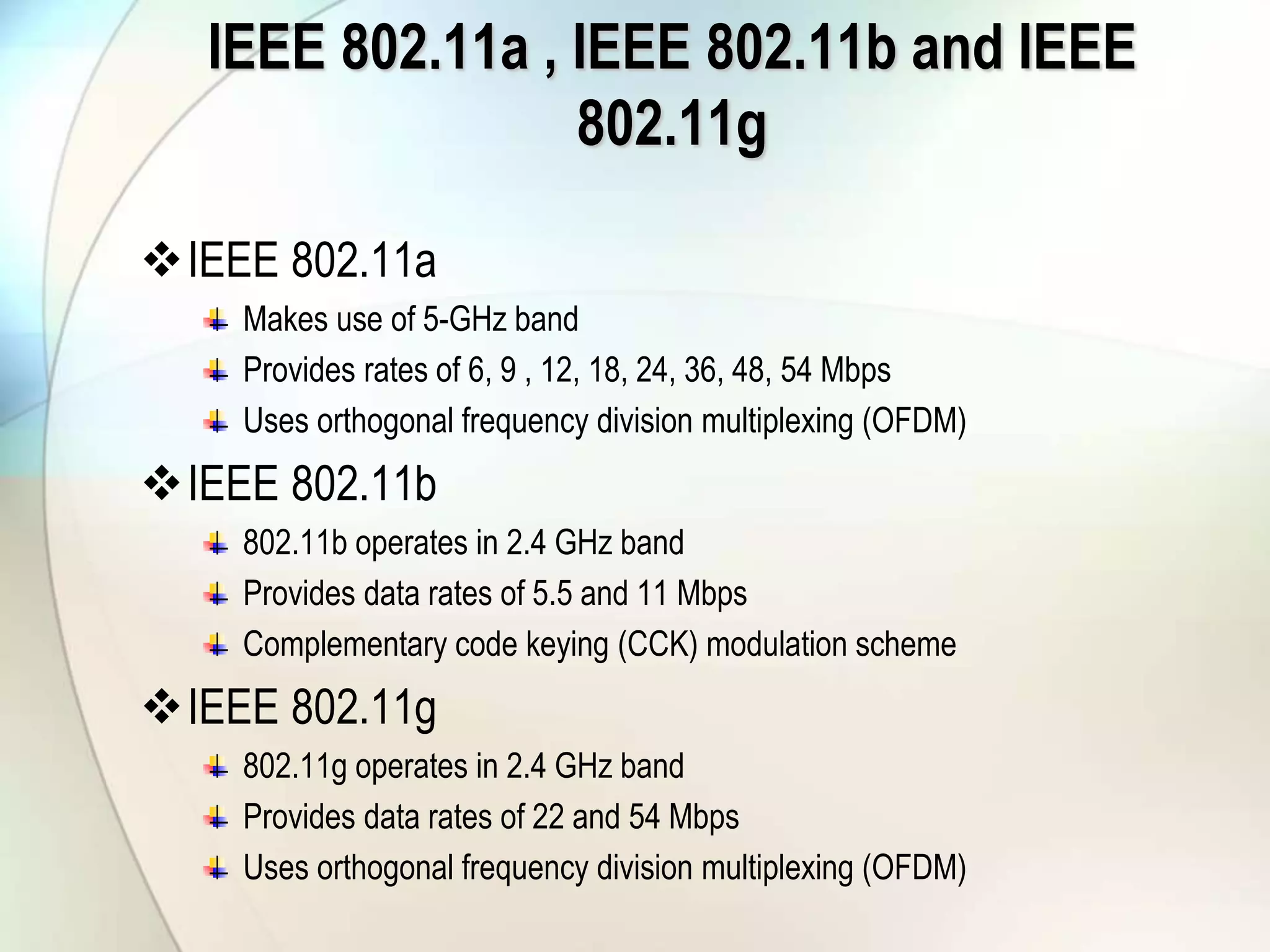 IEEE 802.11a , IEEE 802.11b and IEEE
802.11g
IEEE 802.11a
Makes use of 5-GHz band
Provides rates of 6, 9 , 12, 18, 24, 36, 48, 54 Mbps
Uses orthogonal frequency division multiplexing (OFDM)
IEEE 802.11b
802.11b operates in 2.4 GHz band
Provides data rates of 5.5 and 11 Mbps
Complementary code keying (CCK) modulation scheme
IEEE 802.11g
802.11g operates in 2.4 GHz band
Provides data rates of 22 and 54 Mbps
Uses orthogonal frequency division multiplexing (OFDM)
 
