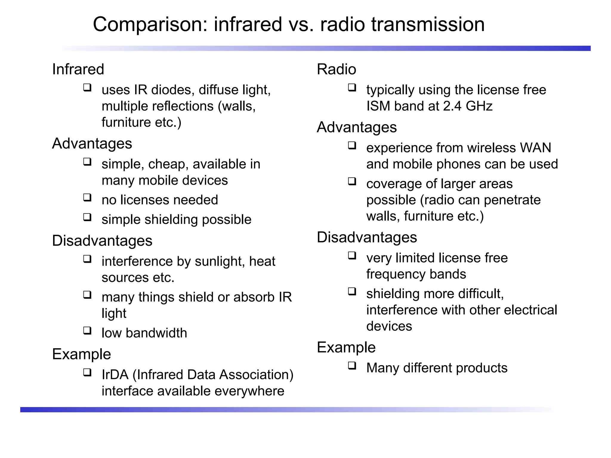 Comparison: infrared vs. radio transmission
Infrared
 uses IR diodes, diffuse light,
multiple reflections (walls,
furniture etc.)
Advantages
 simple, cheap, available in
many mobile devices
 no licenses needed
 simple shielding possible
Disadvantages
 interference by sunlight, heat
sources etc.
 many things shield or absorb IR
light
 low bandwidth
Example
 IrDA (Infrared Data Association)
interface available everywhere
Radio
 typically using the license free
ISM band at 2.4 GHz
Advantages
 experience from wireless WAN
and mobile phones can be used
 coverage of larger areas
possible (radio can penetrate
walls, furniture etc.)
Disadvantages
 very limited license free
frequency bands
 shielding more difficult,
interference with other electrical
devices
Example
 Many different products
 