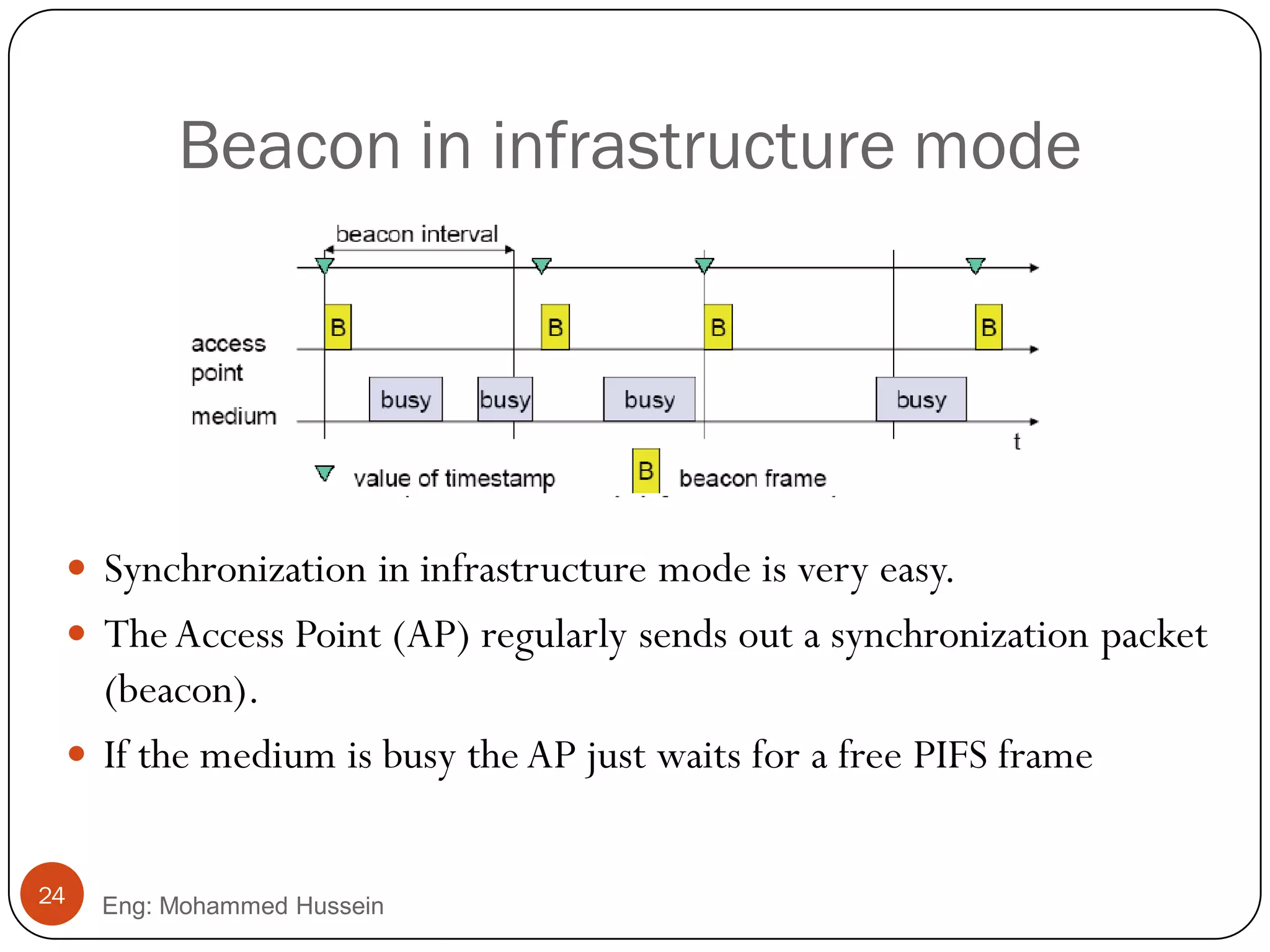 Beacon in infrastructure mode
 Synchronization in infrastructure mode is very easy.
 TheAccess Point (AP) regularly sends out a synchronization packet
(beacon).
 If the medium is busy the AP just waits for a free PIFS frame
24 Eng: Mohammed Hussein
 