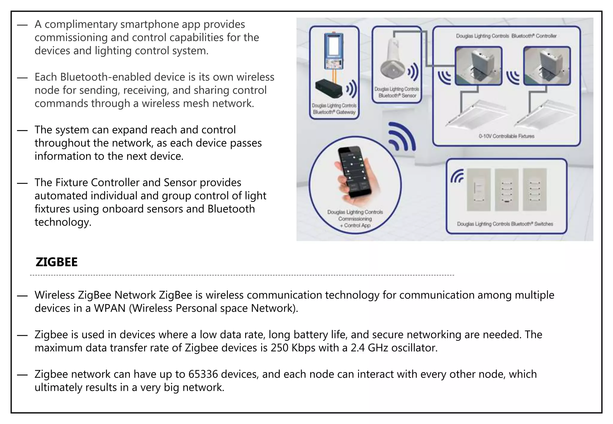 ― A complimentary smartphone app provides
commissioning and control capabilities for the
devices and lighting control system.
― Each Bluetooth-enabled device is its own wireless
node for sending, receiving, and sharing control
commands through a wireless mesh network.
― The system can expand reach and control
throughout the network, as each device passes
information to the next device.
― The Fixture Controller and Sensor provides
automated individual and group control of light
fixtures using onboard sensors and Bluetooth
technology.
ZIGBEE
― Wireless ZigBee Network ZigBee is wireless communication technology for communication among multiple
devices in a WPAN (Wireless Personal space Network).
― Zigbee is used in devices where a low data rate, long battery life, and secure networking are needed. The
maximum data transfer rate of Zigbee devices is 250 Kbps with a 2.4 GHz oscillator.
― Zigbee network can have up to 65336 devices, and each node can interact with every other node, which
ultimately results in a very big network.
 