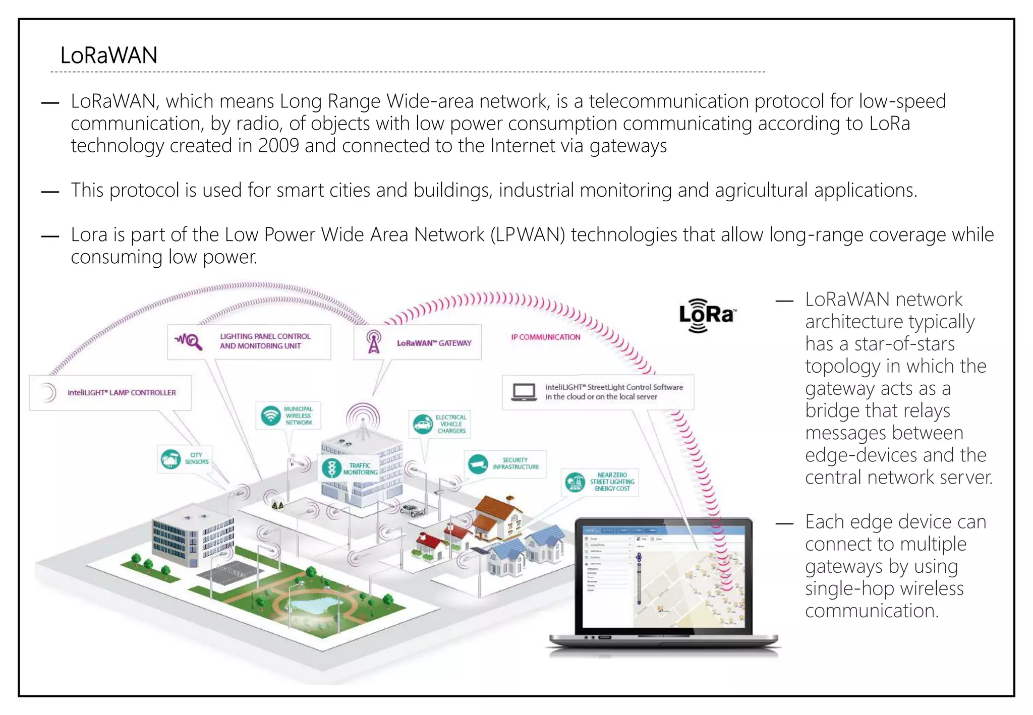LoRaWAN
― LoRaWAN, which means Long Range Wide-area network, is a telecommunication protocol for low-speed
communication, by radio, of objects with low power consumption communicating according to LoRa
technology created in 2009 and connected to the Internet via gateways
― This protocol is used for smart cities and buildings, industrial monitoring and agricultural applications.
― Lora is part of the Low Power Wide Area Network (LPWAN) technologies that allow long-range coverage while
consuming low power.
― LoRaWAN network
architecture typically
has a star-of-stars
topology in which the
gateway acts as a
bridge that relays
messages between
edge-devices and the
central network server.
― Each edge device can
connect to multiple
gateways by using
single-hop wireless
communication.
 