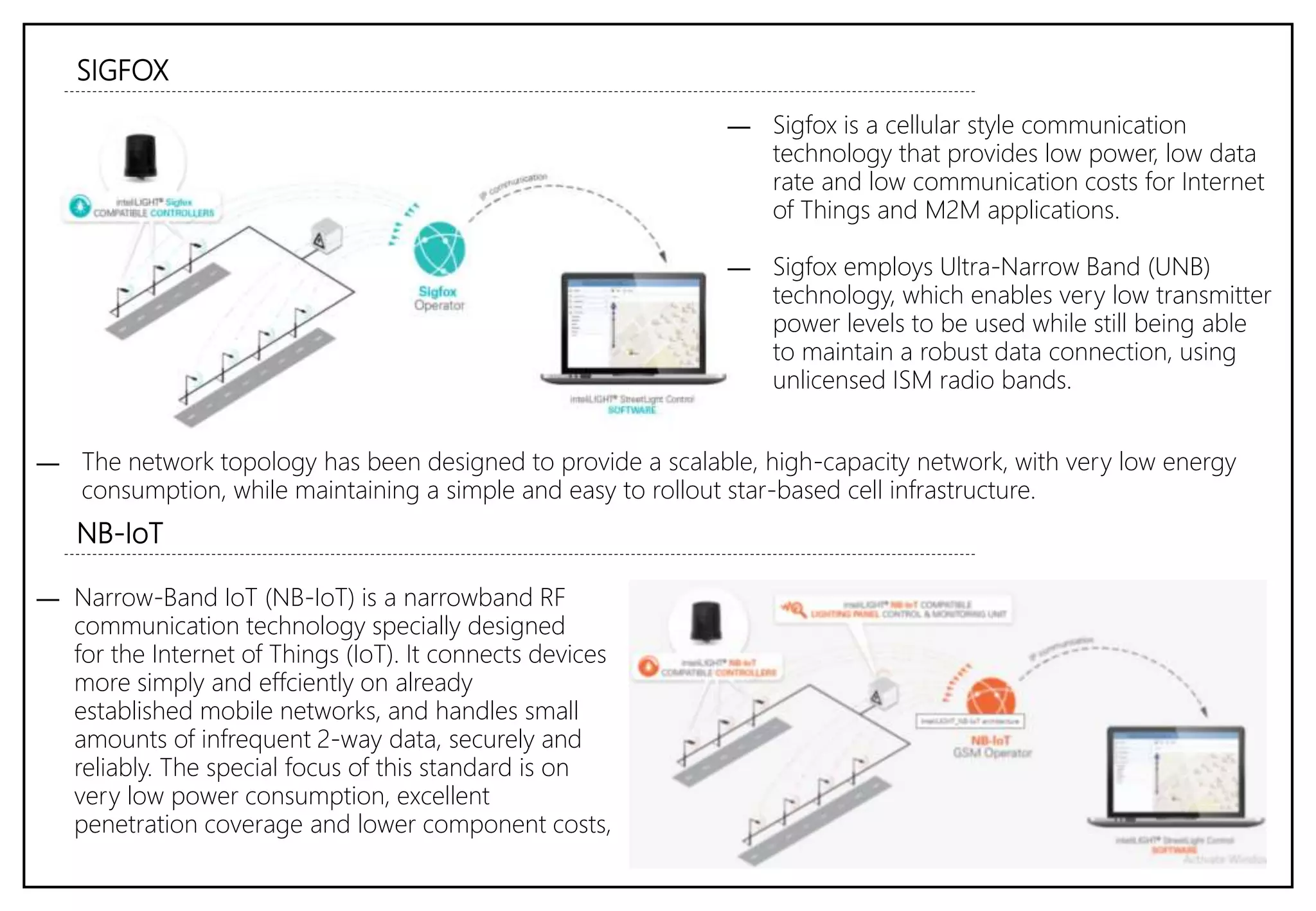 SIGFOX
― Sigfox is a cellular style communication
technology that provides low power, low data
rate and low communication costs for Internet
of Things and M2M applications.
― Sigfox employs Ultra-Narrow Band (UNB)
technology, which enables very low transmitter
power levels to be used while still being able
to maintain a robust data connection, using
unlicensed ISM radio bands.
― The network topology has been designed to provide a scalable, high-capacity network, with very low energy
consumption, while maintaining a simple and easy to rollout star-based cell infrastructure.
― Narrow-Band IoT (NB-IoT) is a narrowband RF
communication technology specially designed
for the Internet of Things (IoT). It connects devices
more simply and effciently on already
established mobile networks, and handles small
amounts of infrequent 2-way data, securely and
reliably. The special focus of this standard is on
very low power consumption, excellent
penetration coverage and lower component costs,
NB-IoT
 