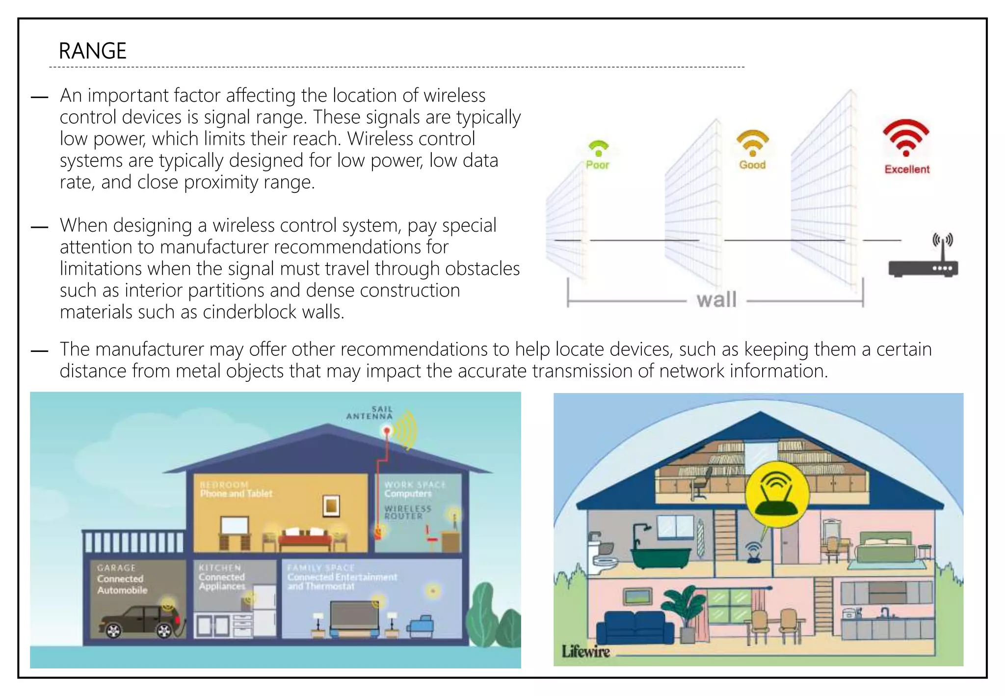 RANGE
― An important factor affecting the location of wireless
control devices is signal range. These signals are typically
low power, which limits their reach. Wireless control
systems are typically designed for low power, low data
rate, and close proximity range.
― When designing a wireless control system, pay special
attention to manufacturer recommendations for
limitations when the signal must travel through obstacles
such as interior partitions and dense construction
materials such as cinderblock walls.
― The manufacturer may offer other recommendations to help locate devices, such as keeping them a certain
distance from metal objects that may impact the accurate transmission of network information.
 