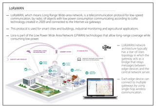 LoRaWAN
― LoRaWAN, which means Long Range Wide-area network, is a telecommunication protocol for low-speed
communication, by radio, of objects with low power consumption communicating according to LoRa
technology created in 2009 and connected to the Internet via gateways
― This protocol is used for smart cities and buildings, industrial monitoring and agricultural applications.
― Lora is part of the Low Power Wide Area Network (LPWAN) technologies that allow long-range coverage while
consuming low power.
― LoRaWAN network
architecture typically
has a star-of-stars
topology in which the
gateway acts as a
bridge that relays
messages between
edge-devices and the
central network server.
― Each edge device can
connect to multiple
gateways by using
single-hop wireless
communication.
 
