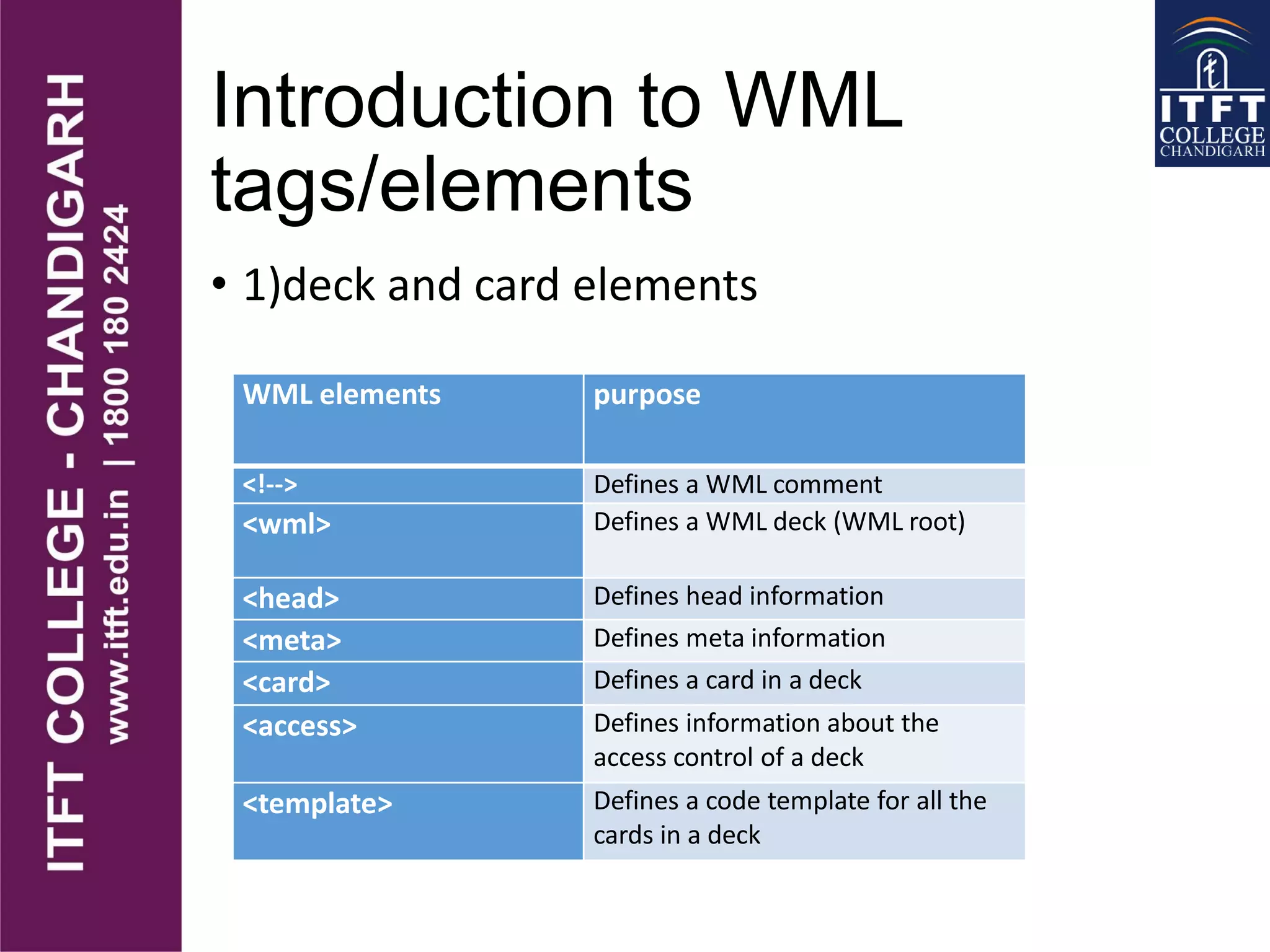 Introduction to WML
tags/elements
• 1)deck and card elements
WML elements purpose
<!--> Defines a WML comment
<wml> Defines a WML deck (WML root)
<head> Defines head information
<meta> Defines meta information
<card> Defines a card in a deck
<access> Defines information about the
access control of a deck
<template> Defines a code template for all the
cards in a deck
 