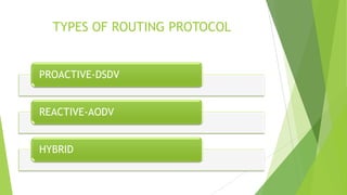 TYPES OF ROUTING PROTOCOL

PROACTIVE-DSDV
REACTIVE-AODV
HYBRID

 
