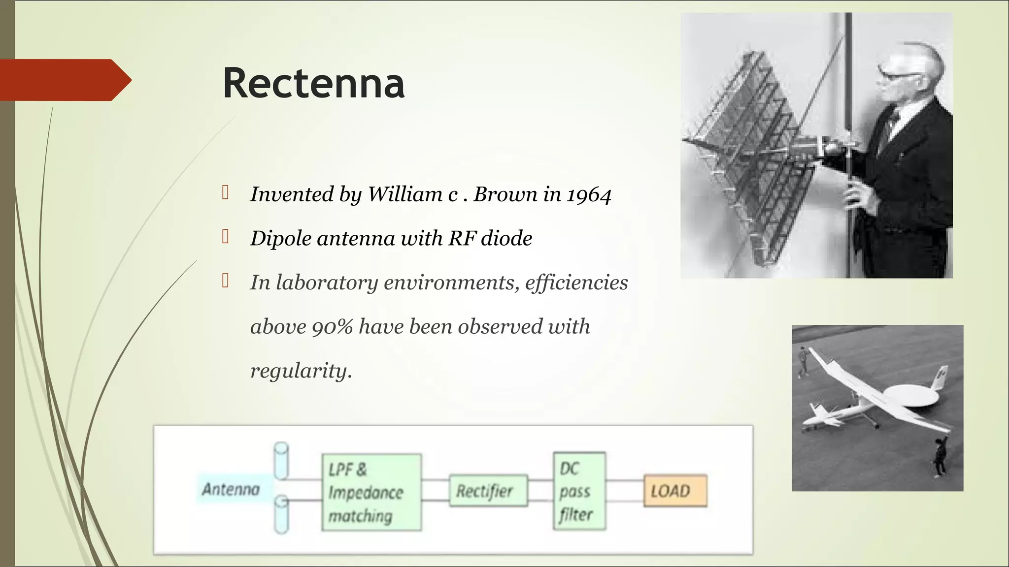 Rectenna
 Invented by William c . Brown in 1964
 Dipole antenna with RF diode
 In laboratory environments, efficiencies
above 90% have been observed with
regularity.
 