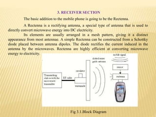 3. RECEIVER SECTION
The basic addition to the mobile phone is going to be the Rectenna.
A Rectenna is a rectifying antenna, a special type of antenna that is used to
directly convert microwave energy into DC electricity.
Its elements are usually arranged in a mesh pattern, giving it a distinct
appearance from most antennae. A simple Rectenna can be constructed from a Schottky
diode placed between antenna dipoles. The diode rectifies the current induced in the
antenna by the microwaves. Rectenna are highly efficient at converting microwave
energy to electricity.
Fig 3.1.Block Diagram
 
