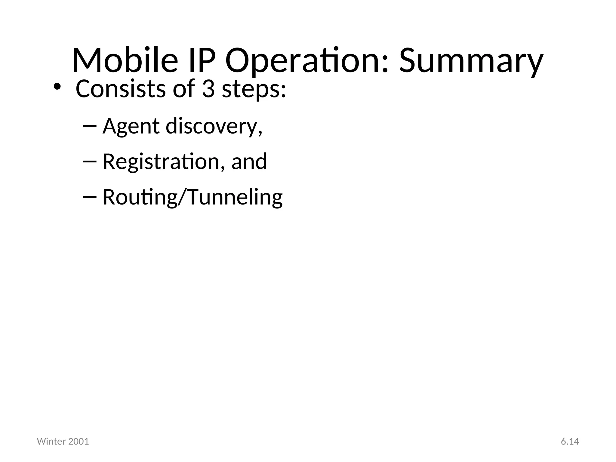 Winter 2001 6.14
Mobile IP Operation: Summary
• Consists of 3 steps:
– Agent discovery,
– Registration, and
– Routing/Tunneling
 