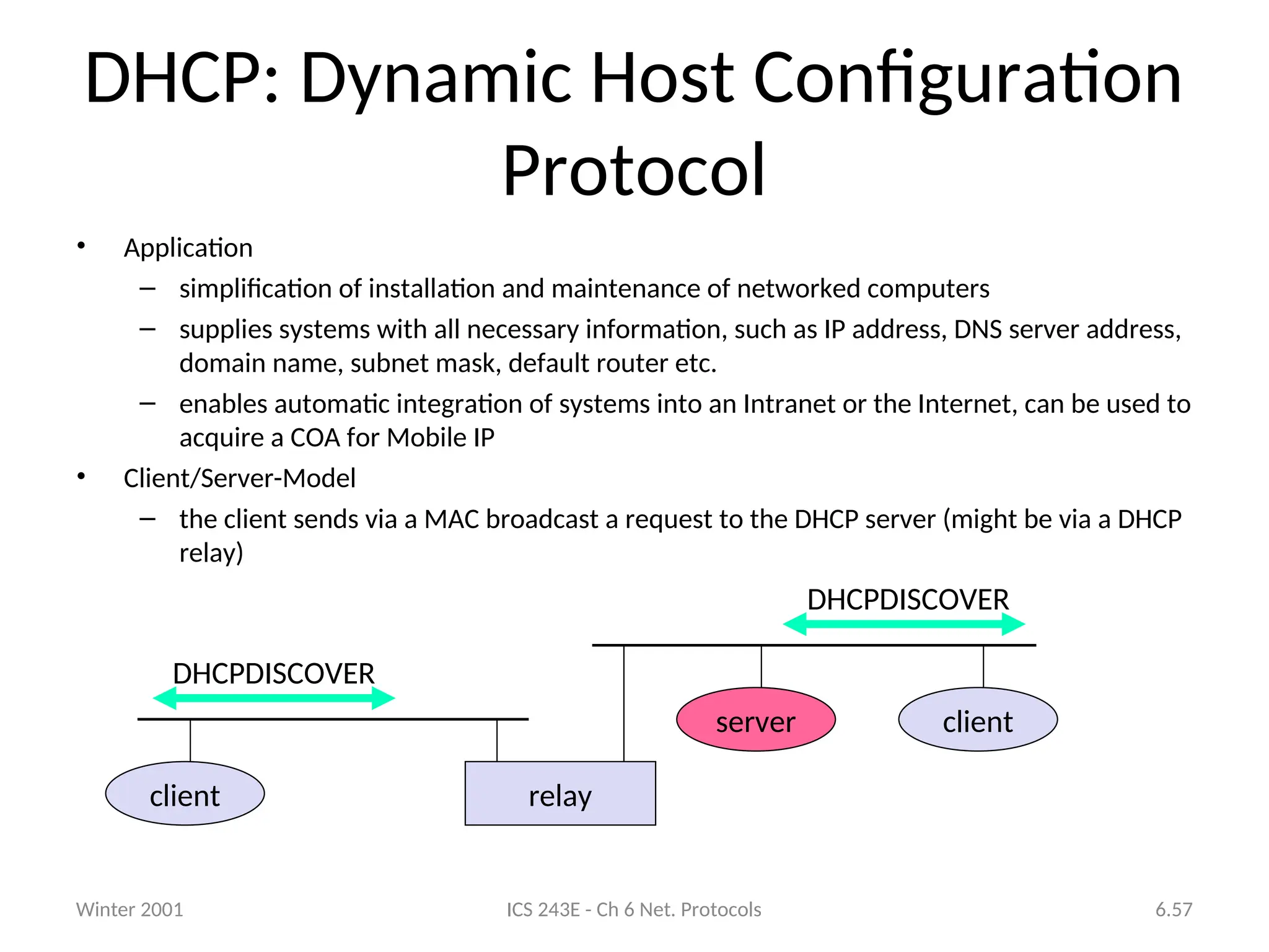 Winter 2001 ICS 243E - Ch 6 Net. Protocols 6.57
DHCP: Dynamic Host Configuration
Protocol
• Application
– simplification of installation and maintenance of networked computers
– supplies systems with all necessary information, such as IP address, DNS server address,
domain name, subnet mask, default router etc.
– enables automatic integration of systems into an Intranet or the Internet, can be used to
acquire a COA for Mobile IP
• Client/Server-Model
– the client sends via a MAC broadcast a request to the DHCP server (might be via a DHCP
relay)
client relay
client
server
DHCPDISCOVER
DHCPDISCOVER
 