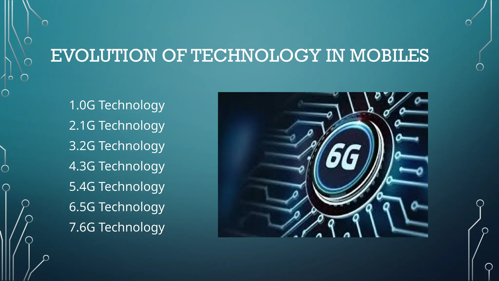 EVOLUTION OF TECHNOLOGY IN MOBILES
1.0G Technology
2.1G Technology
3.2G Technology
4.3G Technology
5.4G Technology
6.5G Technology
7.6G Technology
 