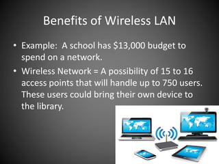 Benefits of Wireless LAN
• Example: A school has $13,000 budget to
spend on a network.
• Wireless Network = A possibility of 15 to 16
access points that will handle up to 750 users.
These users could bring their own device to
the library.
 