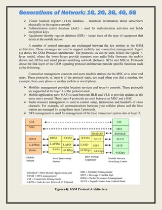 Generations of Network: 1G, 2G, 3G, 4G, 5G
 Visitor location register (VLR) database – maintains information about subscribers
physically in the region currently
 Authentication center database (AuC) – used for authentication activities and holds
encryption keys
 Equipment identity register database (EIR) – keeps track of the type of equipment that
exists at the mobile station
A number of control messages are exchanged between the key entities in the GSM
architecture. These messages are used to support mobility and connection management. Figure
(4) shows the GSM Protocol Architecture. The protocols, as can be seen, follow the typical 7-
layer model, where the lower layers provide transport over radio links (between the mobile
station and BTSs) and wired packet-switching network (between BTSs and MSCs). Protocols
above the link layer of the GSM signaling protocol architecture provide specific functions such
as the following:
Connection management connects end users (mobile stations) to the MSC or to other end
users. These protocols, at layer 6 of the protocol stack, are used when you dial a number, for
example, from your phone to another mobile or wired phone.
 Mobility management provides location services and security controls. These protocols
are supported at the layer 5 of the protocol stack.
 Mobile application part (MAP) is used between HLR and VLR to provide updates as the
users move around. These layer 4 protocols are used between an MSC and a BSC.
 Radio resource management is used to control setup, termination and handoffs of radio
channels. For example, all communications between your cellular phone and the base
station are managed by using these layer 3 protocols.
 BTS management is used for management of the base transceiver system also at layer 3.
Figure (4): GSM Protocol Architecture
 