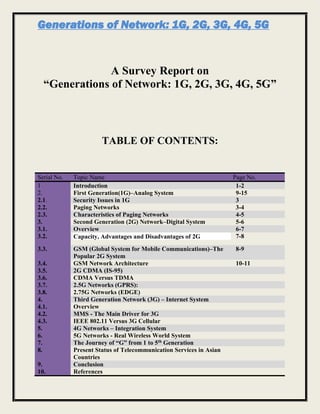 Generations of Network: 1G, 2G, 3G, 4G, 5G
A Survey Report on
“Generations of Network: 1G, 2G, 3G, 4G, 5G”
TABLE OF CONTENTS:
Serial No. Topic Name Page No.
1 Introduction 1-2
2. First Generation(1G)–Analog System 9-15
2.1. Security Issues in 1G 3
2.2. Paging Networks 3-4
2.3. Characteristics of Paging Networks 4-5
3. Second Generation (2G) Network–Digital System 5-6
3.1. Overview 6-7
3.2. Capacity, Advantages and Disadvantages of 2G 7-8
3.3. GSM (Global System for Mobile Communications)–The
Popular 2G System
8-9
3.4. GSM Network Architecture 10-11
3.5. 2G CDMA (IS-95)
3.6. CDMA Versus TDMA
3.7. 2.5G Networks (GPRS):
3.8. 2.75G Networks (EDGE)
4. Third Generation Network (3G) – Internet System
4.1. Overview
4.2. MMS - The Main Driver for 3G
4.3. IEEE 802.11 Versus 3G Cellular
5. 4G Networks – Integration System
6. 5G Networks - Real Wireless World System
7. The Journey of “G” from 1 to 5th Generation
8. Present Status of Telecommunication Services in Asian
Countries
9. Conclusion
10. References
 