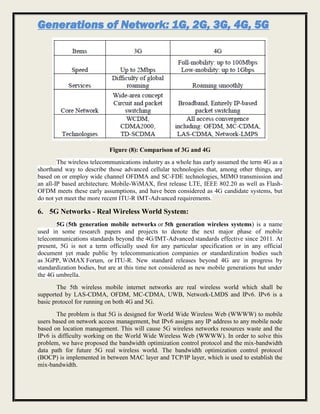 Generations of Network: 1G, 2G, 3G, 4G, 5G
Figure (8): Comparison of 3G and 4G
The wireless telecommunications industry as a whole has early assumed the term 4G as a
shorthand way to describe those advanced cellular technologies that, among other things, are
based on or employ wide channel OFDMA and SC-FDE technologies, MIMO transmission and
an all-IP based architecture. Mobile-WiMAX, first release LTE, IEEE 802.20 as well as Flash-
OFDM meets these early assumptions, and have been considered as 4G candidate systems, but
do not yet meet the more recent ITU-R IMT-Advanced requirements.
6. 5G Networks - Real Wireless World System:
5G (5th generation mobile networks or 5th generation wireless systems) is a name
used in some research papers and projects to denote the next major phase of mobile
telecommunications standards beyond the 4G/IMT-Advanced standards effective since 2011. At
present, 5G is not a term officially used for any particular specification or in any official
document yet made public by telecommunication companies or standardization bodies such
as 3GPP, WiMAX Forum, or ITU-R. New standard releases beyond 4G are in progress by
standardization bodies, but are at this time not considered as new mobile generations but under
the 4G umbrella.
The 5th wireless mobile internet networks are real wireless world which shall be
supported by LAS-CDMA, OFDM, MC-CDMA, UWB, Network-LMDS and IPv6. IPv6 is a
basic protocol for running on both 4G and 5G.
The problem is that 5G is designed for World Wide Wireless Web (WWWW) to mobile
users based on network access management, but IPv6 assigns any IP address to any mobile node
based on location management. This will cause 5G wireless networks resources waste and the
IPv6 is difficulty working on the World Wide Wireless Web (WWWW). In order to solve this
problem, we have proposed the bandwidth optimization control protocol and the mix-bandwidth
data path for future 5G real wireless world. The bandwidth optimization control protocol
(BOCP) is implemented in between MAC layer and TCP/IP layer, which is used to establish the
mix-bandwidth.
 