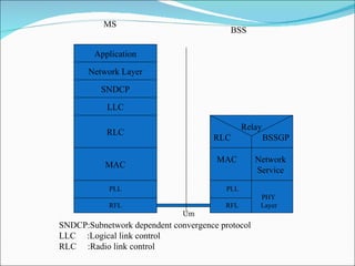 PLL RFL RLC MAC LLC SNDCP Network Layer Application PLL  PHY  RFL  Layer MAC  Network Service Relay RLC  BSSGP MS BSS SNDCP:Subnetwork dependent convergence protocol LLC  :Logical link control RLC  :Radio link control Um 