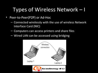Types of Wireless Network – I
• Peer-to-Peer(P2P) or Ad-Hoc
   – Connected wirelessly with the use of wireless Network
     Interface Card (NIC)
   – Computers can access printers and share files
   – Wired LAN can be accessed using bridging
 