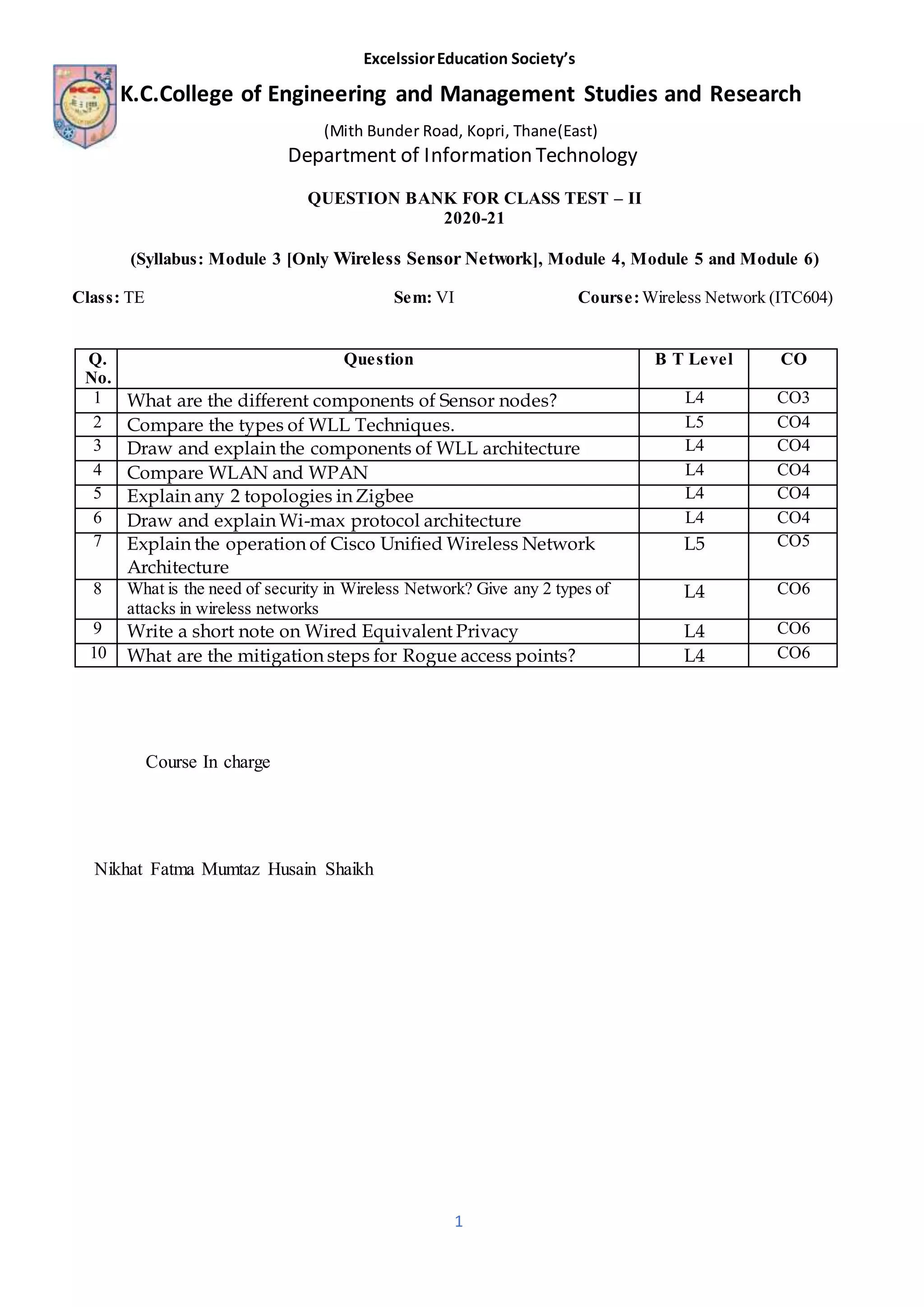 Wireless network question bank class test 2 PDF