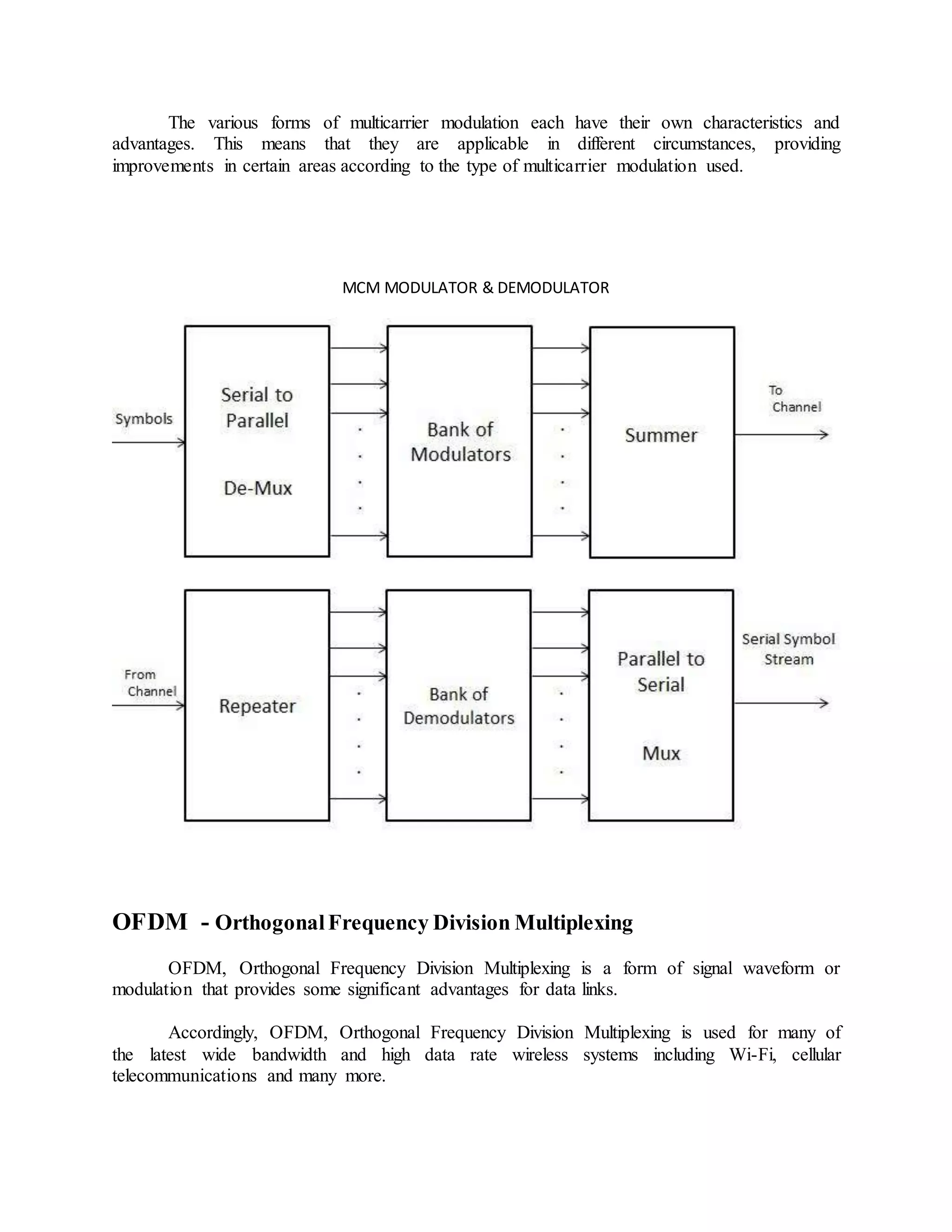 The various forms of multicarrier modulation each have their own characteristics and
advantages. This means that they are applicable in different circumstances, providing
improvements in certain areas according to the type of multicarrier modulation used.
MCM MODULATOR & DEMODULATOR
OFDM - OrthogonalFrequency Division Multiplexing
OFDM, Orthogonal Frequency Division Multiplexing is a form of signal waveform or
modulation that provides some significant advantages for data links.
Accordingly, OFDM, Orthogonal Frequency Division Multiplexing is used for many of
the latest wide bandwidth and high data rate wireless systems including Wi-Fi, cellular
telecommunications and many more.
 