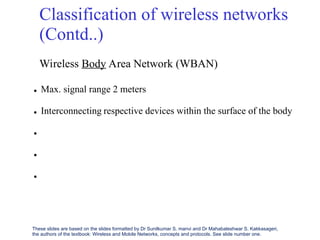Classification of wireless
(Contd..)
Wireless Body Area Network (WBAN)
networks
 Max. signal range 2 meters
 Interconnecting respective devices within the surface of the body



These slides are based on the slides formatted by Dr Sunilkumar S. manvi and Dr Mahabaleshwar S. Kakkasageri,
the authors of the textbook: Wireless and Mobile Networks, concepts and protocols. See slide number one.
 