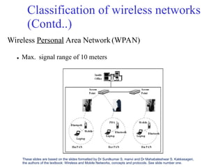 Classification of wireless
(Contd..)
networks
Wireless Personal Area Network (WPAN)
 Max. signal range of 10 meters
These slides are based on the slides formatted by Dr Sunilkumar S. manvi and Dr Mahabaleshwar S. Kakkasageri,
the authors of the textbook: Wireless and Mobile Networks, concepts and protocols. See slide number one.
 