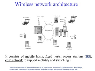 Wireless network architecture
It consists of mobile hosts, fixed hosts, access stations (BS),
core network to support mobility and switching.
These slides are based on the slides formatted by Dr Sunilkumar S. manvi and Dr Mahabaleshwar S. Kakkasageri,
the authors of the textbook: Wireless and Mobile Networks, concepts and protocols. See slide number one.
 