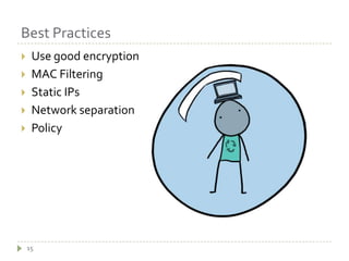 Best Practices15Use good encryptionMAC FilteringStatic IPsNetwork separationPolicy
