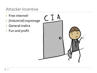 Attacker Incentive6Free internet![Industrial] espionageGeneral maliceFun and profit