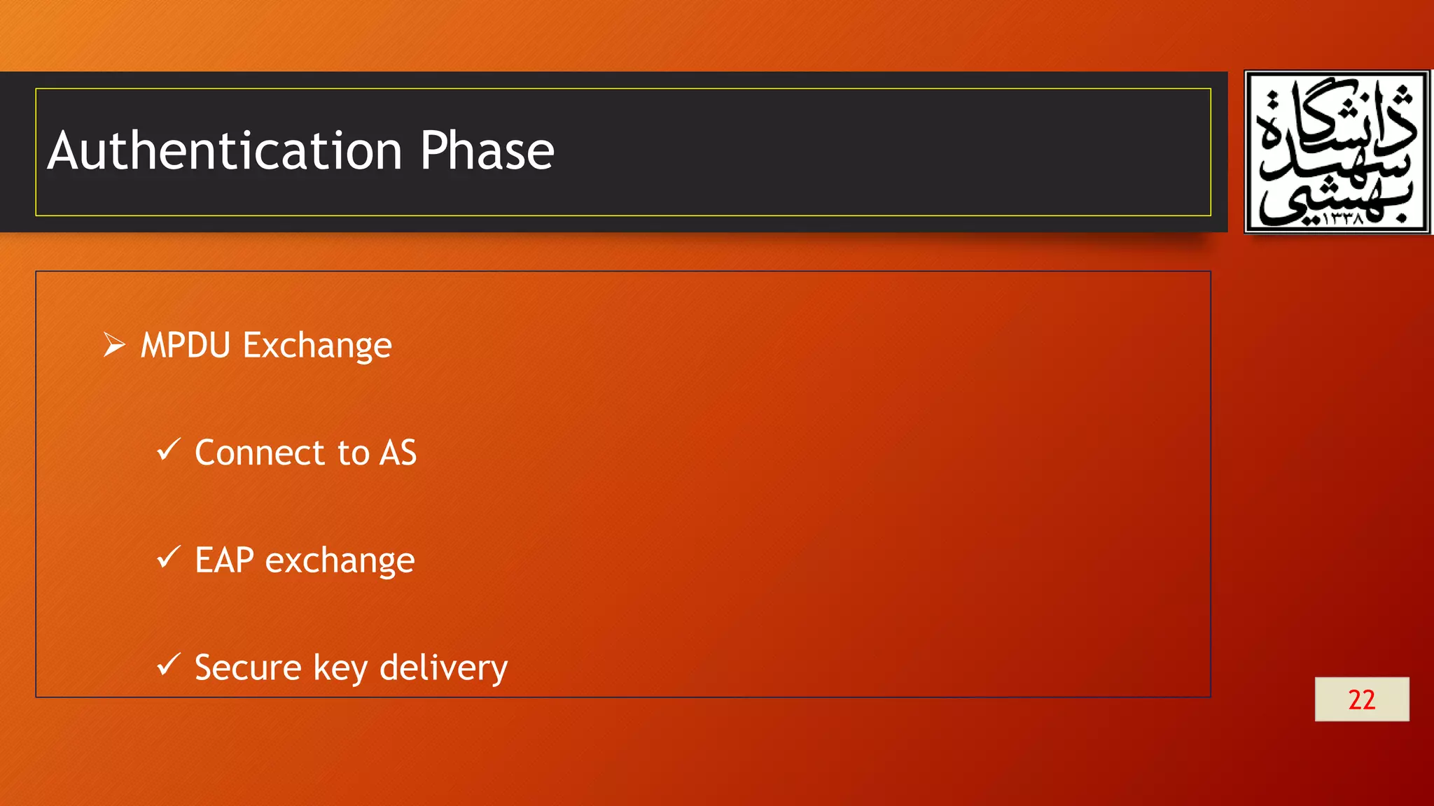 Authentication Phase
22
 MPDU Exchange
 Connect to AS
 EAP exchange
 Secure key delivery
 