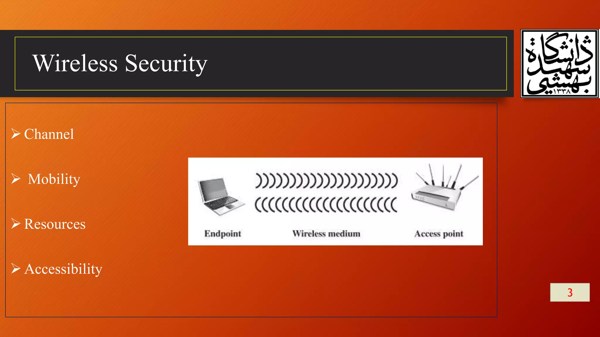 Wireless Security
3
Channel
 Mobility
Resources
Accessibility
 