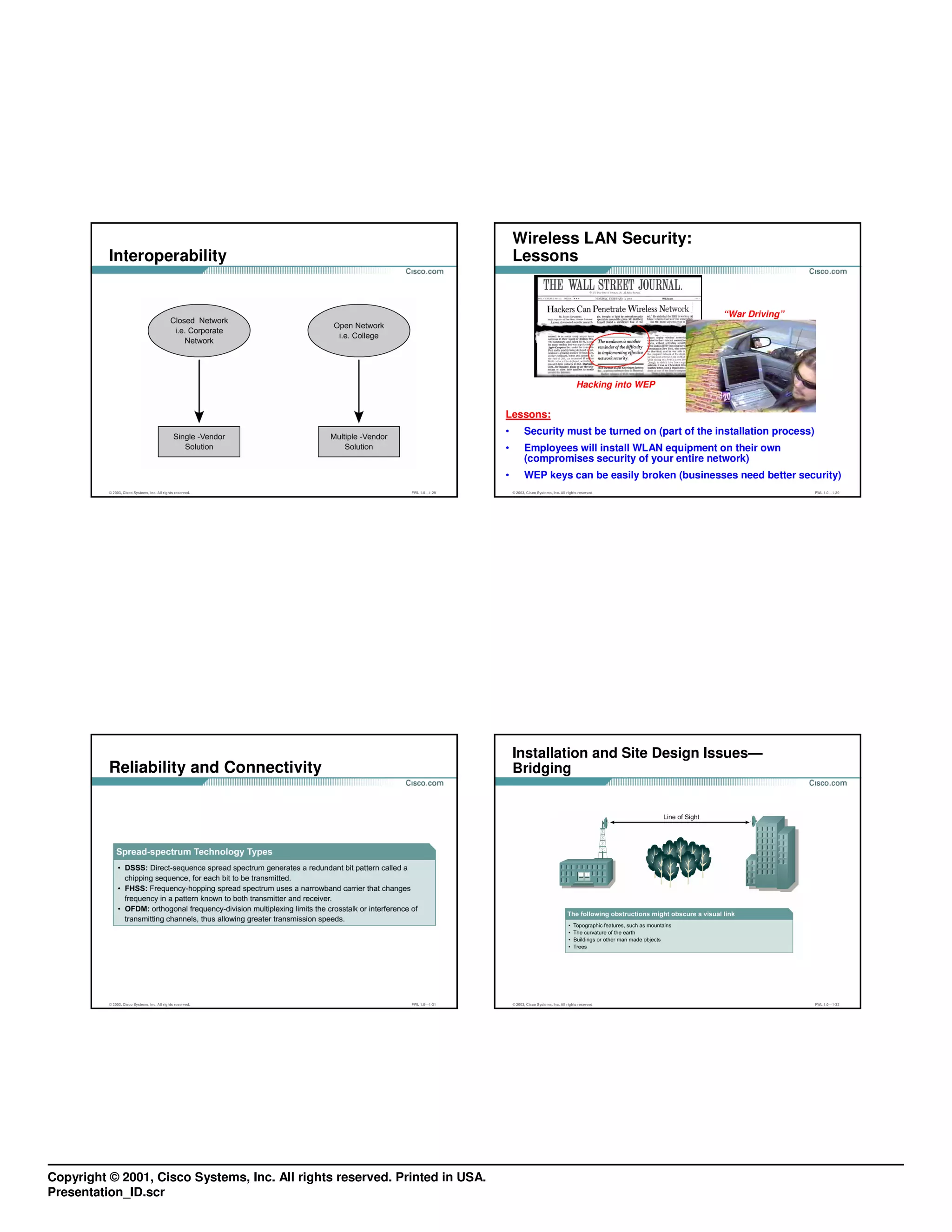 Wireless LAN Security:
          Interoperability                                                       Lessons


                                                                                                                                         “War Driving”




                                                                                                                      Hacking into WEP


                                                                             Lessons:
                                                                             •         Security must be turned on (part of the installation process)
                                                                             •         Employees will install WLAN equipment on their own
                                                                                       (compromises security of your entire network)
                                                                             •         WEP keys can be easily broken (businesses need better security)
          © 2003, Cisco Systems, Inc. All rights reserved.   FWL 1.0—1-29        © 2003, Cisco Systems, Inc. All rights reserved.                        FWL 1.0—1-30




                                                                                 Installation and Site Design Issues—
          Reliability and Connectivity                                           Bridging




          © 2003, Cisco Systems, Inc. All rights reserved.   FWL 1.0—1-31        © 2003, Cisco Systems, Inc. All rights reserved.                        FWL 1.0—1-32




Copyright © 2001, Cisco Systems, Inc. All rights reserved. Printed in USA.
Presentation_ID.scr
 