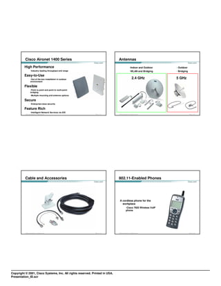 Cisco Aironet 1400 Series                                             Antennas
         High Performance                                                                                  •Indoor and Outdoor     • Outdoor
                      •Industry leading throughput and range                                               •WLAN and Bridging      • Bridging
         Easy-to-Use
                      •Out of the box installation in outdoor                                                   2.4 GHz            5 GHz
                      environment

         Flexible
                      •Point to point and point to multi-point
                      bridging
                      •Multiple mounting and antenna options

         Secure
                      •Enterprise-class security

         Feature Rich
                      •Intelligent Network Services via IOS
          © 2003, Cisco Systems, Inc. All rights reserved.       FWL 1.0—1-17   © 2003, Cisco Systems, Inc. All rights reserved.                FWL 1.0—1-18




          Cable and Accessories                                                 802.11-Enabled Phones




                                                                                  A cordless phone for the
                                                                                    workplace
                                                                                                 •Cisco 7920 Wireless VoIP
                                                                                                 phone




          © 2003, Cisco Systems, Inc. All rights reserved.       FWL 1.0—1-19   © 2003, Cisco Systems, Inc. All rights reserved.                FWL 1.0—1-20




Copyright © 2001, Cisco Systems, Inc. All rights reserved. Printed in USA.
Presentation_ID.scr
 