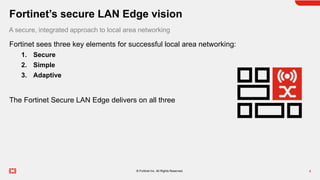 4
? Fortinet Inc. All Rights Reserved.
Fortinet sees three key elements for successful local area networking:
1. Secure
2. Simple
3. Adaptive
The Fortinet Secure LAN Edge delivers on all three
A secure, integrated approach to local area networking
Fortinets secure LAN Edge vision
 