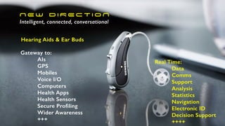 N E W D I R EC T I O N


Intelligent, connected, conversational
Gateway to:


AIs


GPS


Mobiles


Voice I/O


Computers


Health Apps


Health Sensors


Secure Profiling


Wider Awareness


+++
Hearing Aids & Ear Buds
Real Time:


Data


Comms


Support


Analysis


Statistics


Navigation


Electronic ID


Decision Support


++++
 
