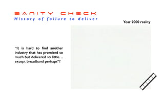 S A N I T Y C H E C K


H i s t o r y o f f a i l u r e t o d e l i v e r
“It is hard to
fi
nd another
industry that has promised so
much but delivered so little…
except broadband perhaps”?
Year 2000 reality
 