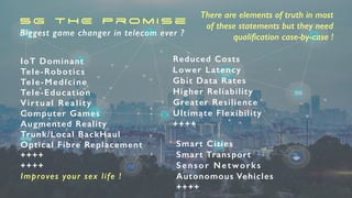 5G THE Promise


Biggest game changer in telecom ever ?
IoT Dominant

Tele-Robotics


Tele-Medicine


Tele-Education


Virtual Reality


Computer Games


Augmented Reality


Trunk/Local BackHaul


Optical Fibre Replacement


++++


++++


Improves your sex life !
Smart Cities


Smart Transport


Sensor Networks


Autonomous Vehicles


++++
There are elements of truth in most


of these statements but they need
quali
fi
cation case-by-case !
Reduced Costs


Lower Latency

Gbit Data Rates


Higher Reliability


Greater Resilience


Ultimate Flexibility


++++


 